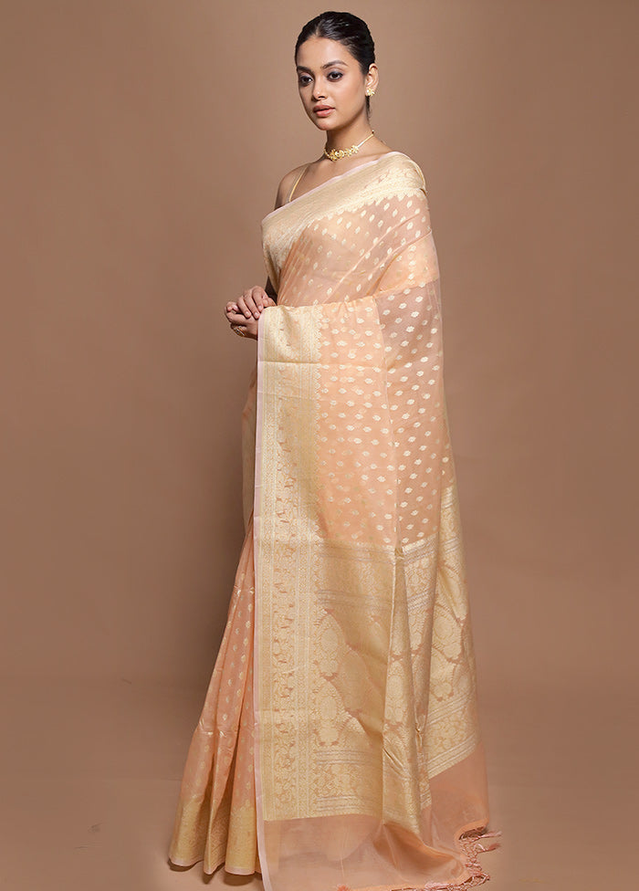Peach Kora Silk Saree With Blouse Piece