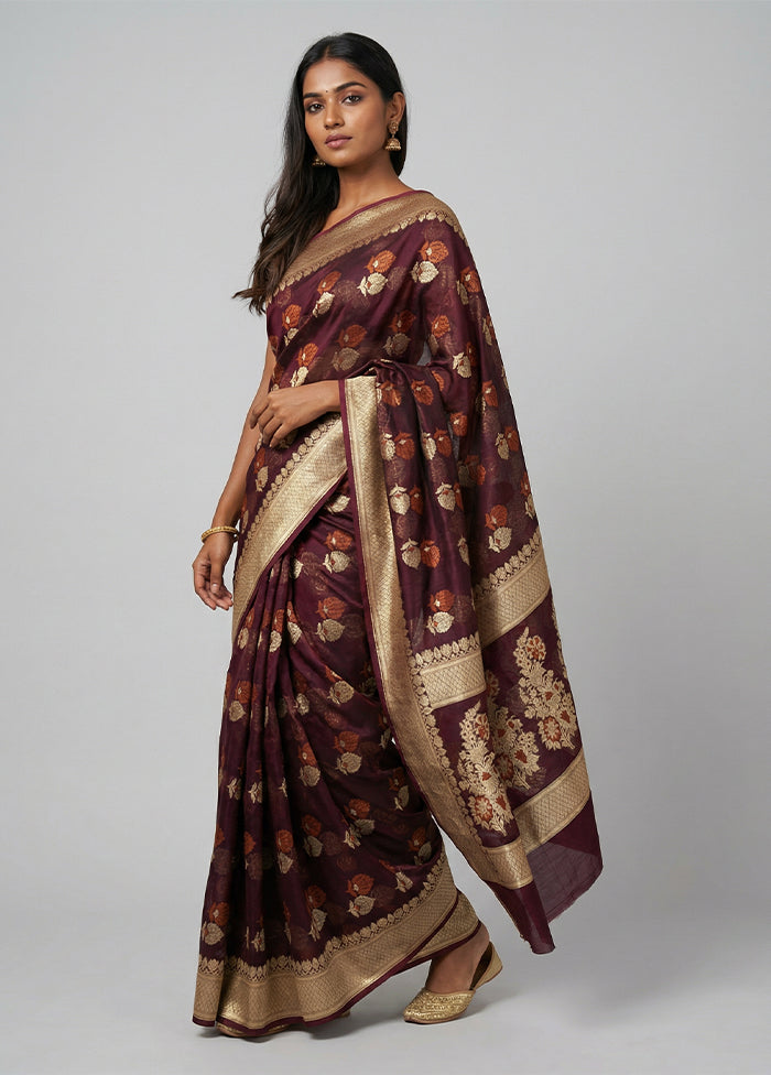 Maroon Kora Silk Saree With Blouse Piece