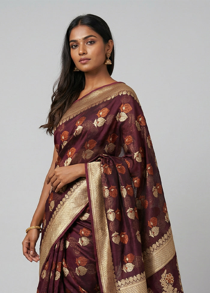 Maroon Kora Silk Saree With Blouse Piece