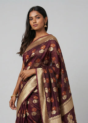 Maroon Kora Silk Saree With Blouse Piece