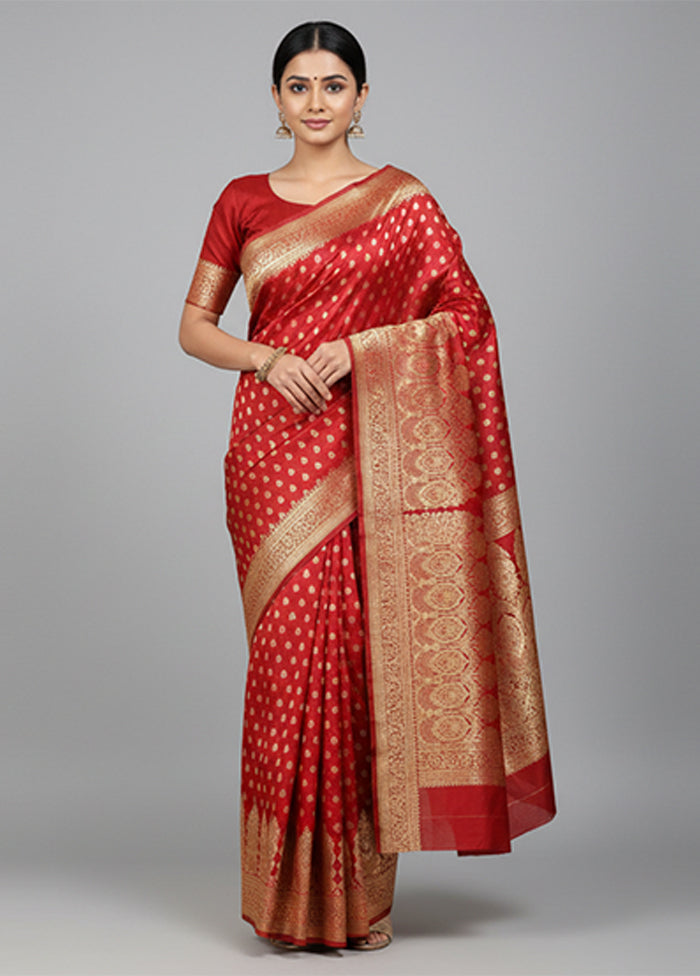 Maroon Handloom Banarasi Pure Silk Saree With Blouse Piece