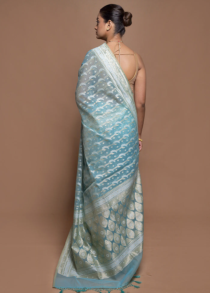 Blue Kora Silk Saree With Blouse Piece