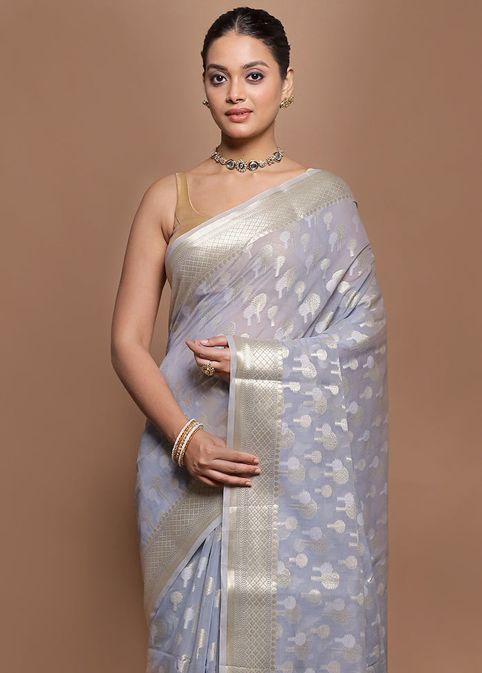 Blue Kora Silk Saree With Blouse Piece