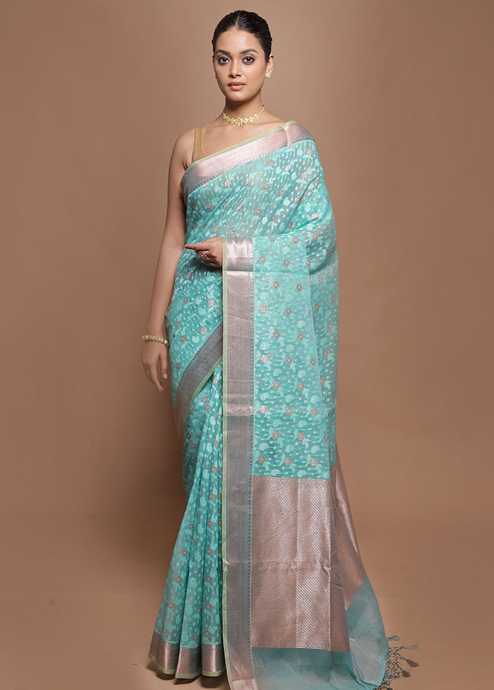 Blue Kora Silk Saree With Blouse Piece