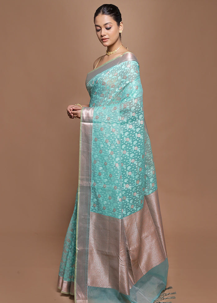 Blue Kora Silk Saree With Blouse Piece