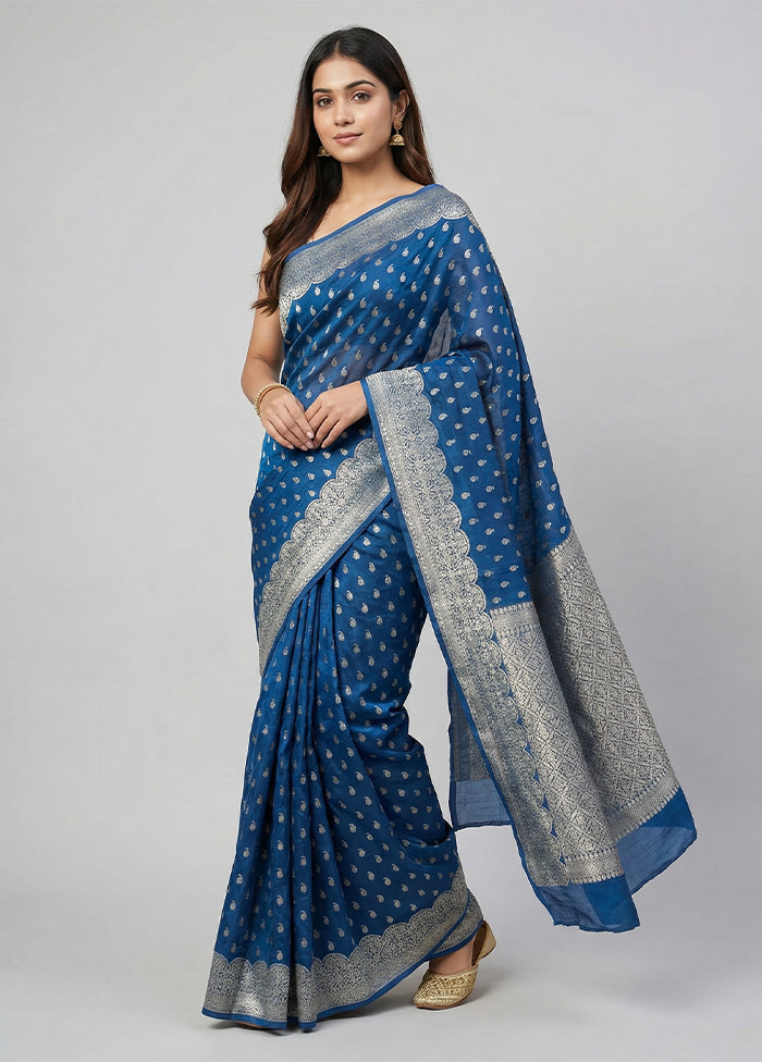 Blue Dupion Silk Saree With Blouse Piece