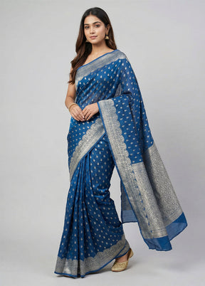 Blue Dupion Silk Saree With Blouse Piece