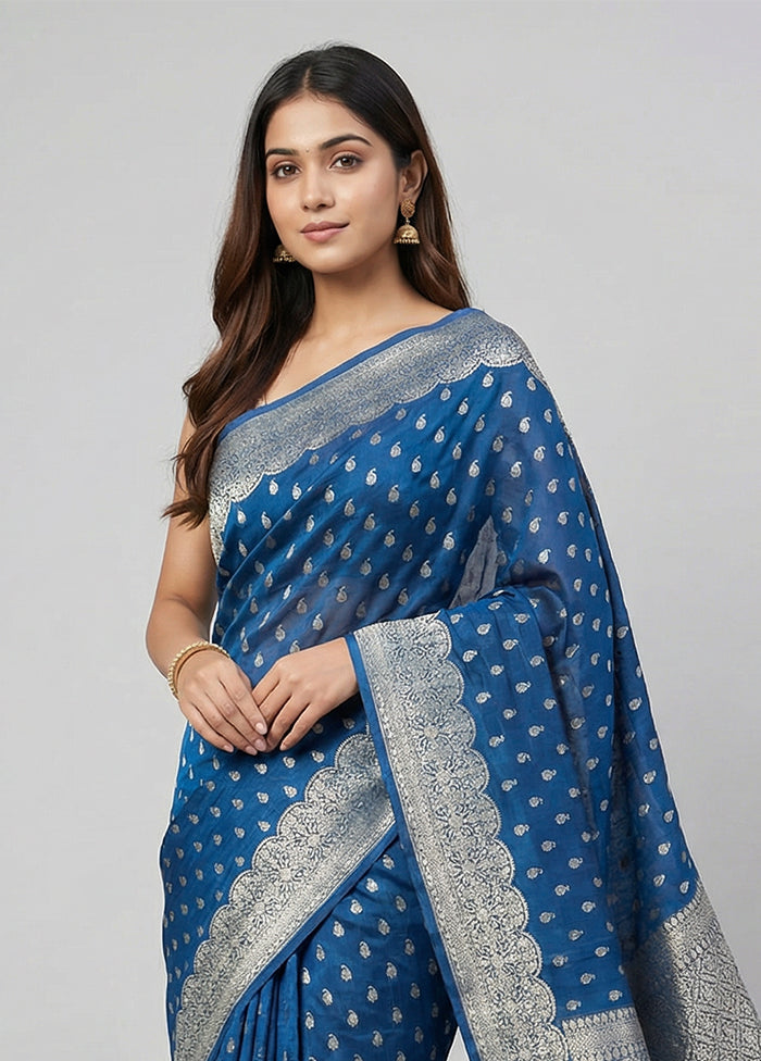 Blue Dupion Silk Saree With Blouse Piece