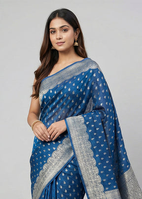 Blue Dupion Silk Saree With Blouse Piece