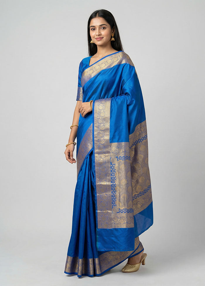 Blue Banarasi Silk Saree With Blouse Piece