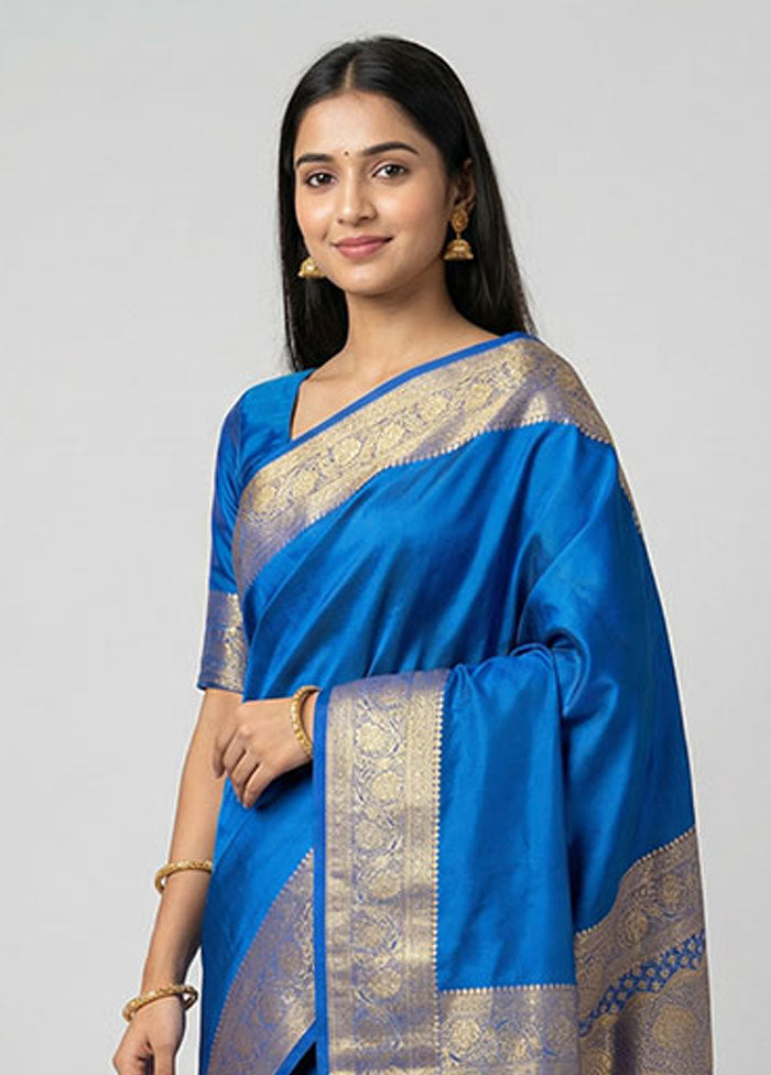 Blue Banarasi Silk Saree With Blouse Piece