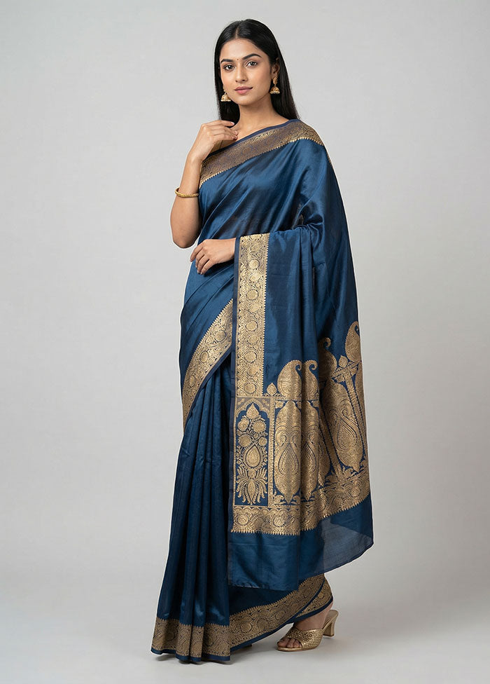 Blue Banarasi Silk Saree With Blouse Piece