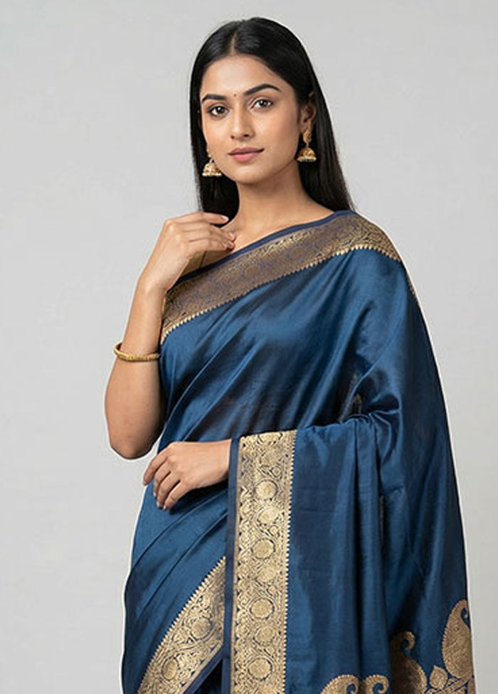 Blue Banarasi Silk Saree With Blouse Piece