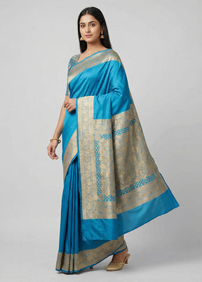 Blue Banarasi Silk Saree With Blouse Piece