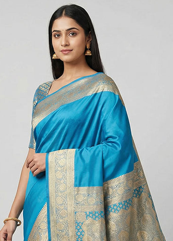 Blue Banarasi Silk Saree With Blouse Piece
