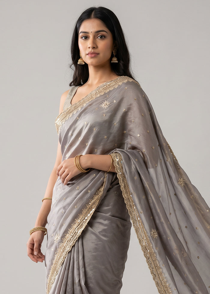 Grey Handloom Tissue Pure Silk Saree With Blouse Piece
