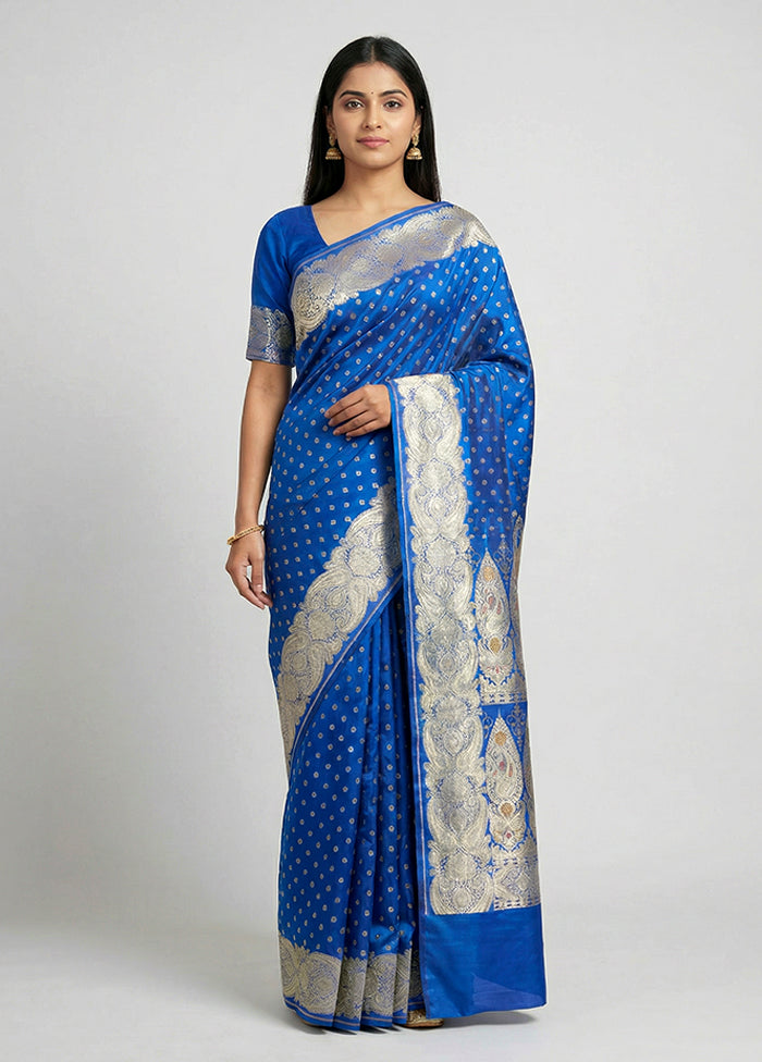 Blue Handloom Banarasi Pure Silk Saree With Blouse Piece