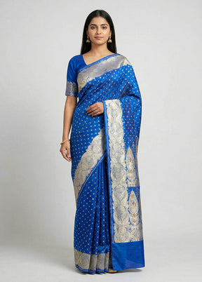 Blue Handloom Banarasi Pure Silk Saree With Blouse Piece