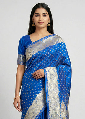 Blue Handloom Banarasi Pure Silk Saree With Blouse Piece