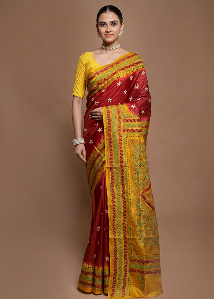 Yellow Handloom Kantha Stitch Pure Silk Saree With Blouse Piece
