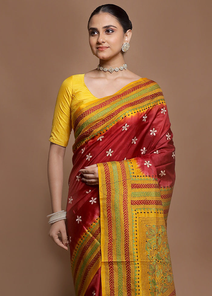 Yellow Handloom Kantha Stitch Pure Silk Saree With Blouse Piece