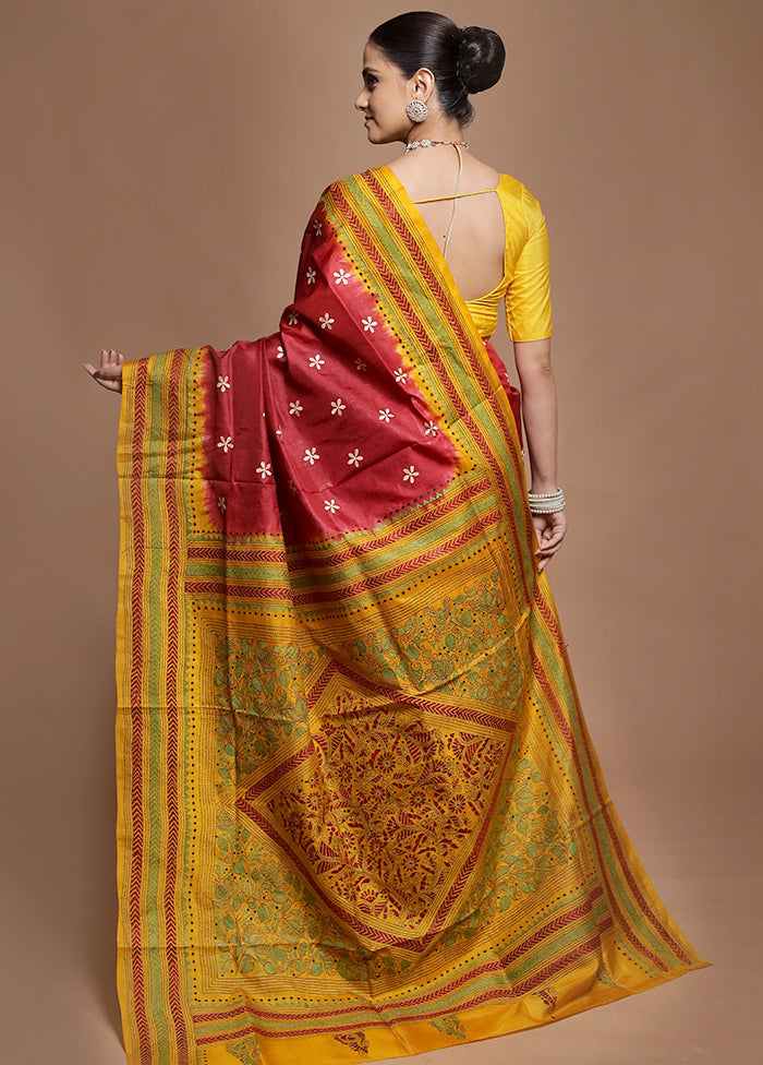 Yellow Handloom Kantha Stitch Pure Silk Saree With Blouse Piece