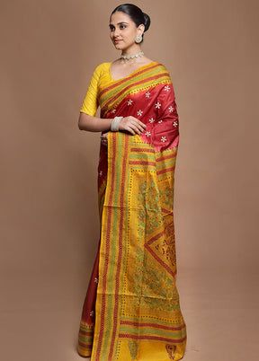 Yellow Handloom Kantha Stitch Pure Silk Saree With Blouse Piece