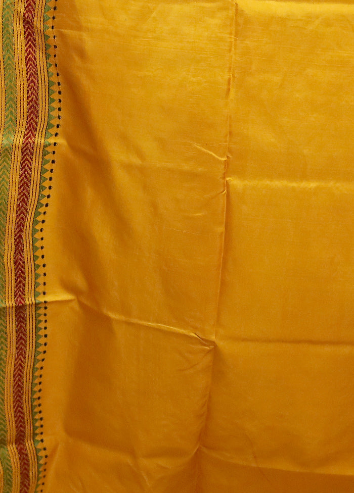 Yellow Handloom Kantha Stitch Pure Silk Saree With Blouse Piece