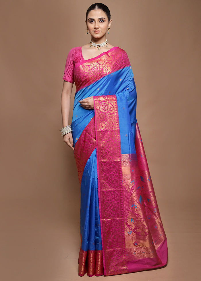 Blue Kanjivaram Silk Saree With Blouse Piece
