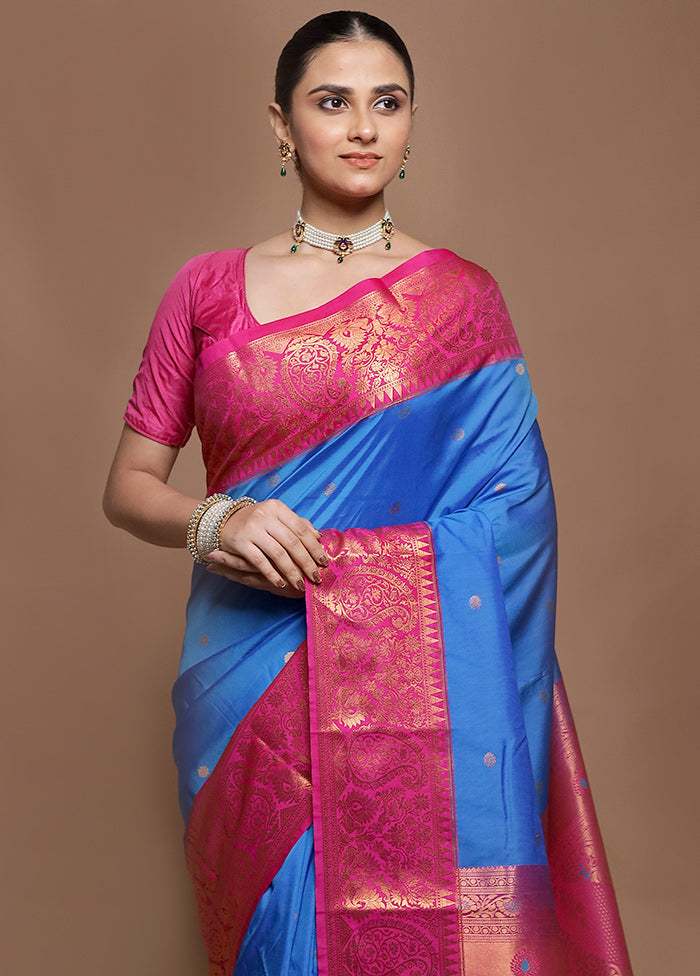 Blue Kanjivaram Silk Saree With Blouse Piece