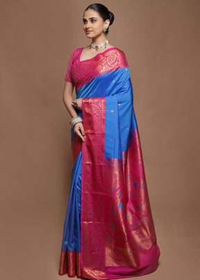 Blue Kanjivaram Silk Saree With Blouse Piece