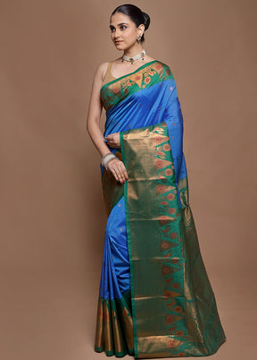 Blue Kanjivaram Silk Saree With Blouse Piece