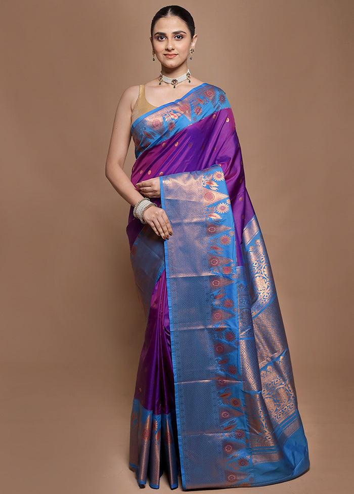 Purple Kanjivaram Silk Saree With Blouse Piece