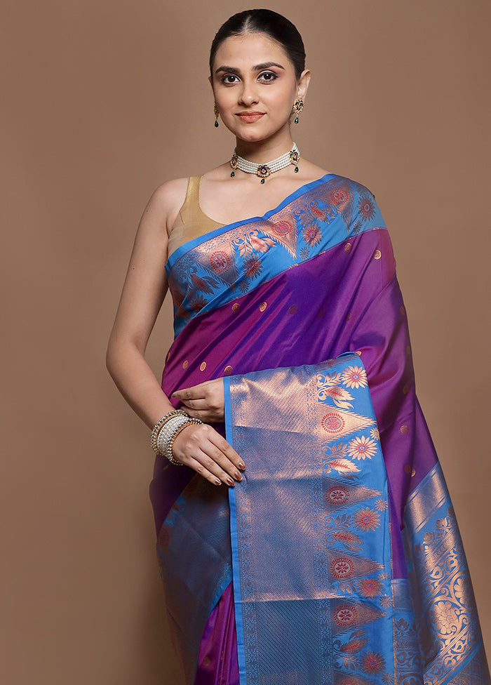 Purple Kanjivaram Silk Saree With Blouse Piece