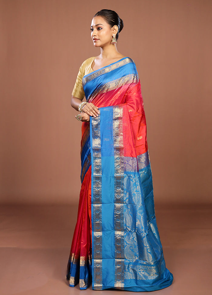 Red Handloom Kanjivaram Pure Silk Saree With Blouse Piece