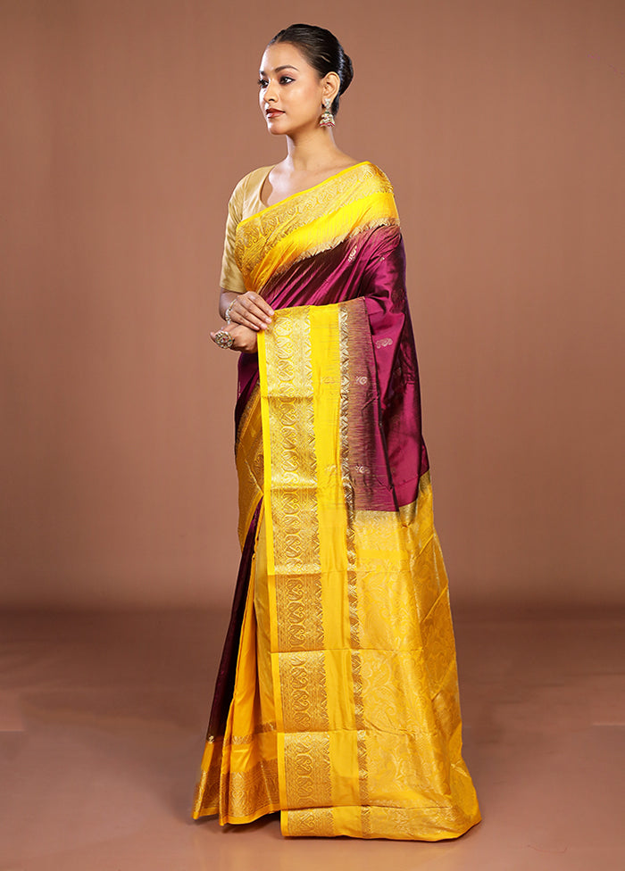 Purple Handloom Kanjivaram Pure Silk Saree With Blouse Piece