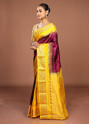 Purple Handloom Kanjivaram Pure Silk Saree With Blouse Piece