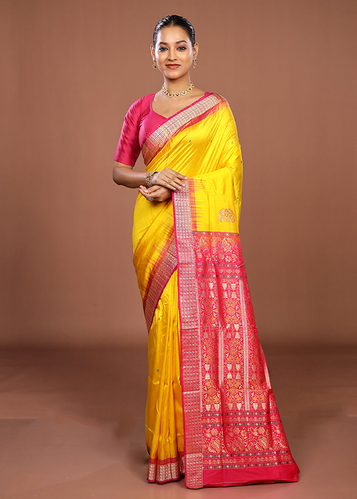 Yellow Handloom Bomkai Pure Silk Saree With Blouse Piece