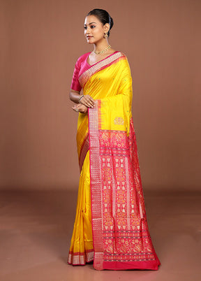 Yellow Handloom Bomkai Pure Silk Saree With Blouse Piece