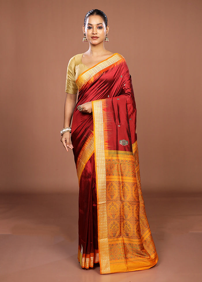 Maroon Handloom Bomkai Pure Silk Saree With Blouse Piece
