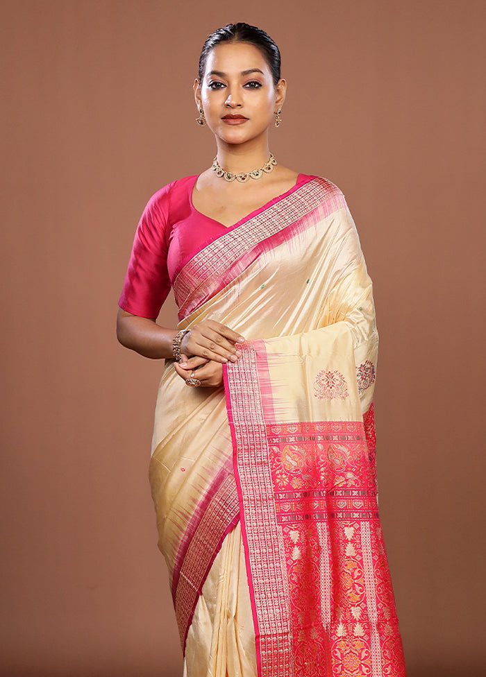 Cream Handloom Bomkai Pure Silk Saree With Blouse Piece
