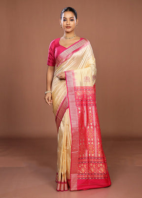 Cream Handloom Bomkai Pure Silk Saree With Blouse Piece