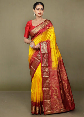 Yellow Handloom Kanjivaram Pure Silk Saree With Blouse Piece