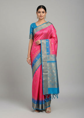 Pink Handloom Kanjivaram Pure Silk Saree With Blouse Piece