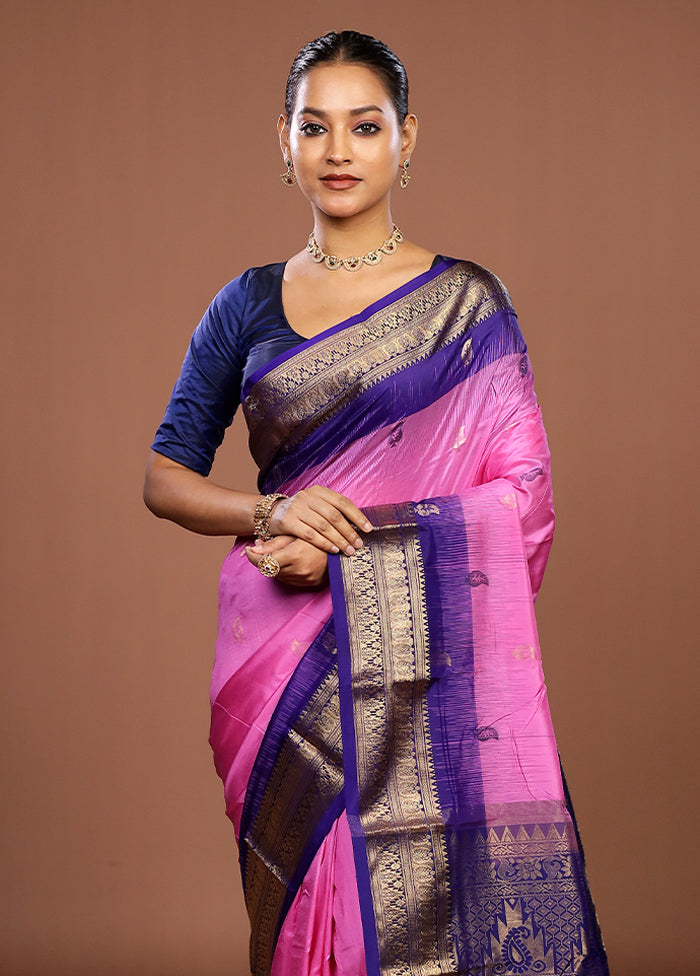 Pink Handloom Kanjivaram Pure Silk Saree With Blouse Piece