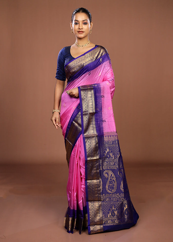 Pink Handloom Kanjivaram Pure Silk Saree With Blouse Piece