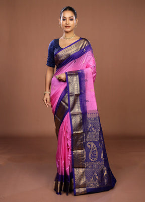 Pink Handloom Kanjivaram Pure Silk Saree With Blouse Piece