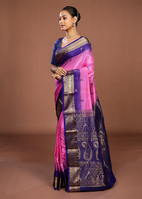 Pink Handloom Kanjivaram Pure Silk Saree With Blouse Piece
