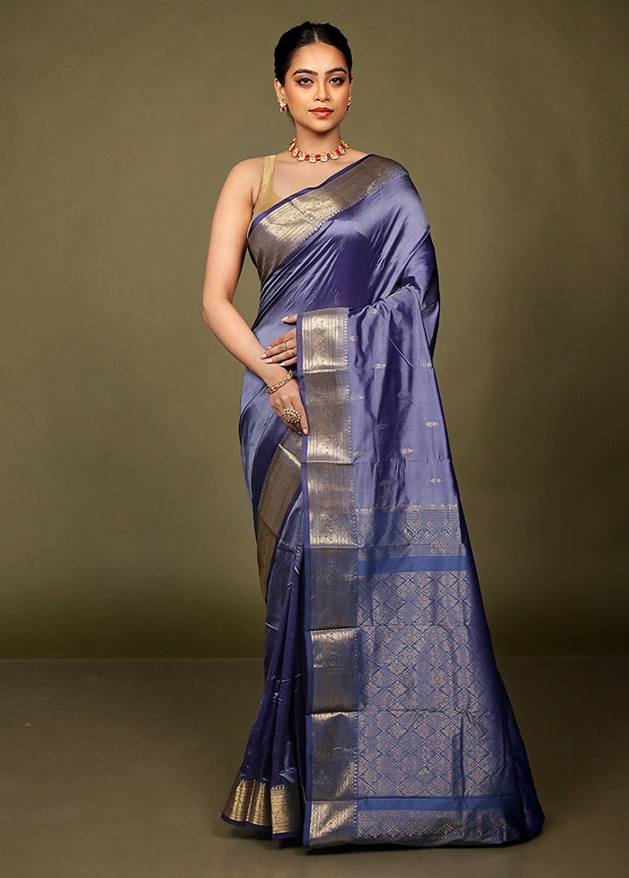 Purple Handloom Kanjivaram Pure Silk Saree With Blouse Piece
