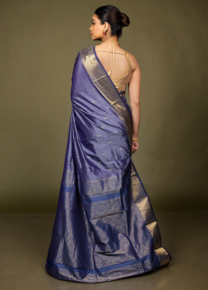 Purple Handloom Kanjivaram Pure Silk Saree With Blouse Piece